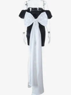 Robe moulante noire mini pour femme - Dos nu blanc avec nœud et traîne - Robe de soirée d'anniversaire sexy sans bretelles pour l'été 2026