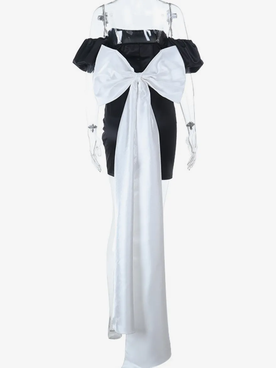 Robe moulante noire mini pour femme - Dos nu blanc avec nœud et traîne - Robe de soirée d'anniversaire sexy sans bretelles pour l'été 2026