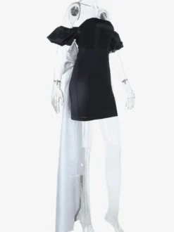 Robe moulante noire mini pour femme - Dos nu blanc avec nœud et traîne - Robe de soirée d'anniversaire sexy sans bretelles pour l'été 2026