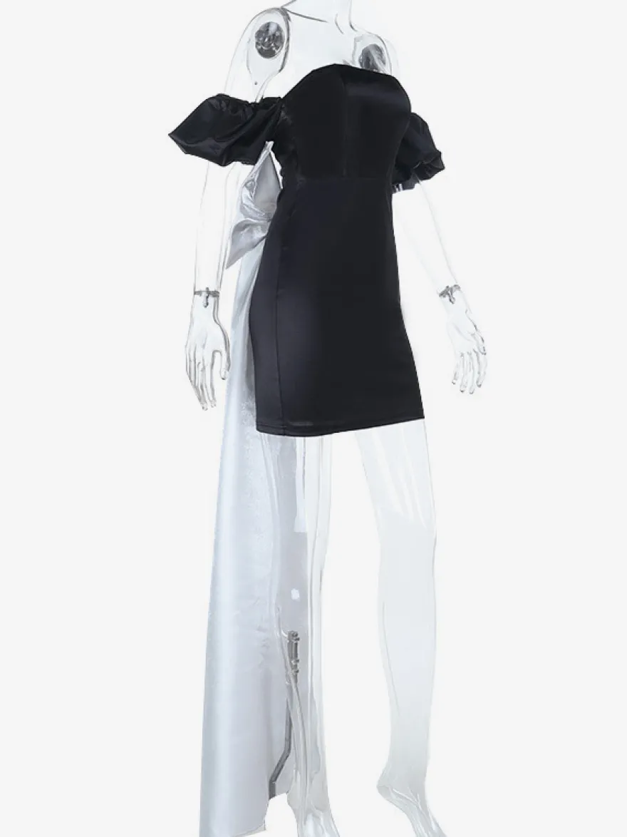 Robe moulante noire mini pour femme - Dos nu blanc avec nœud et traîne - Robe de soirée d'anniversaire sexy sans bretelles pour l'été 2026