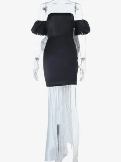 Robe moulante noire mini pour femme - Dos nu blanc avec nœud et traîne - Robe de soirée d'anniversaire sexy sans bretelles pour l'été 2026