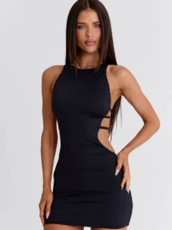 Robe moulante noire sans manches mini-robe dos nu à bretelles ajourées tenue de soirée