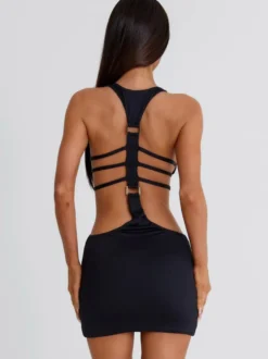 Robe moulante noire sans manches mini-robe dos nu à bretelles ajourées tenue de soirée