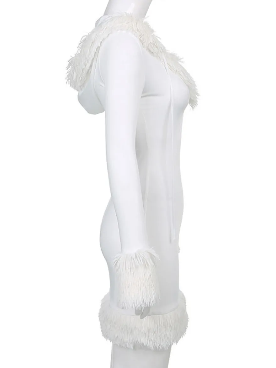 Robe Moulante Noël à Capuche avec Manches Longues Coupe Cintrée Unicolore