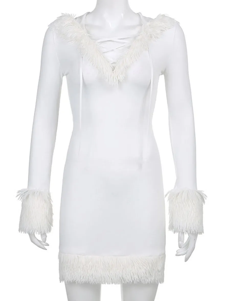 Robe Moulante Noël à Capuche avec Manches Longues Coupe Cintrée Unicolore