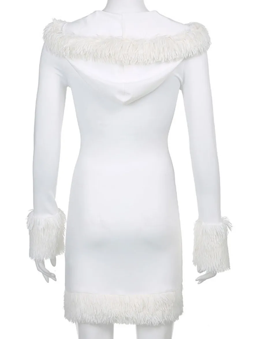 Robe Moulante Noël à Capuche avec Manches Longues Coupe Cintrée Unicolore