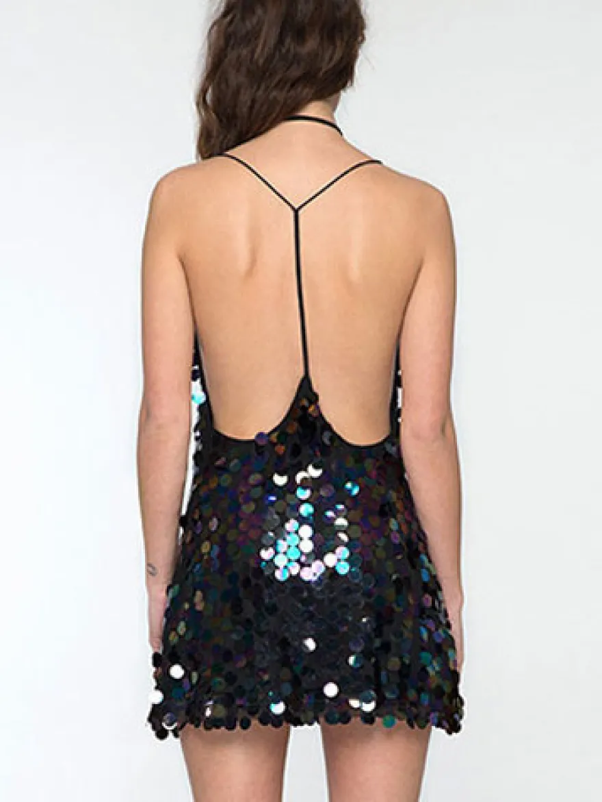 Robe Moulante Robe de Club Robe de Soirée en Paillette Courte Femme avec Bretelles à Col Décolleté en V Bas Evasée Unicolore Robe Eté Robe Sexy