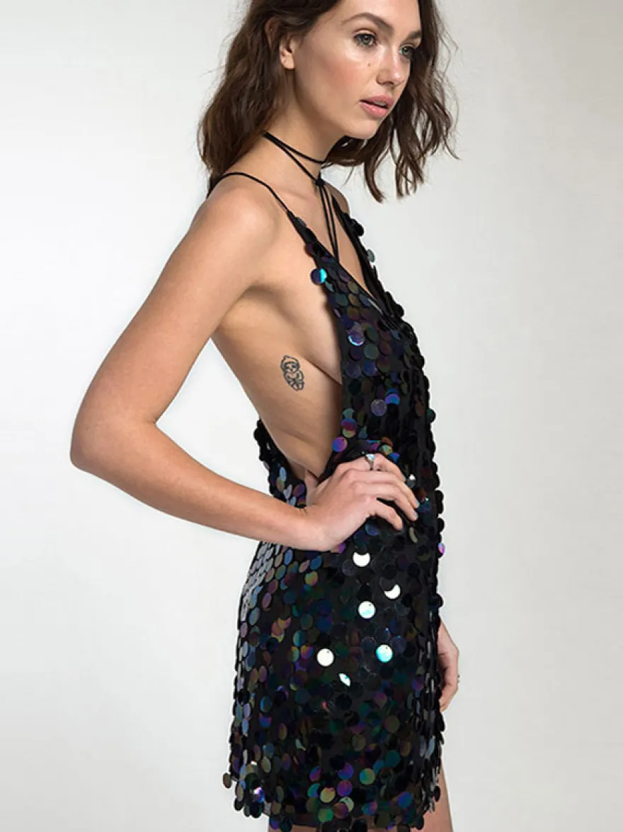 Robe Moulante Robe de Club Robe de Soirée en Paillette Courte Femme avec Bretelles à Col Décolleté en V Bas Evasée Unicolore Robe Eté Robe Sexy
