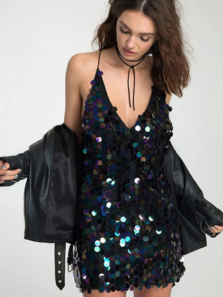 Robe Moulante Robe de Club Robe de Soirée en Paillette Courte Femme avec Bretelles à Col Décolleté en V Bas Evasée Unicolore Robe Eté Robe Sexy