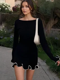 Robe Moulante Rose Élégante À Manches Longues Plissée Femme Volante