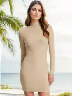 Robe moulante tricotée col montant manches longues gaine décontractée mini robes