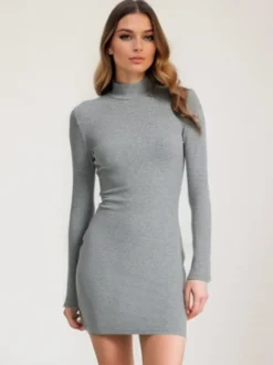 Robe moulante tricotée col montant manches longues gaine décontractée mini robes