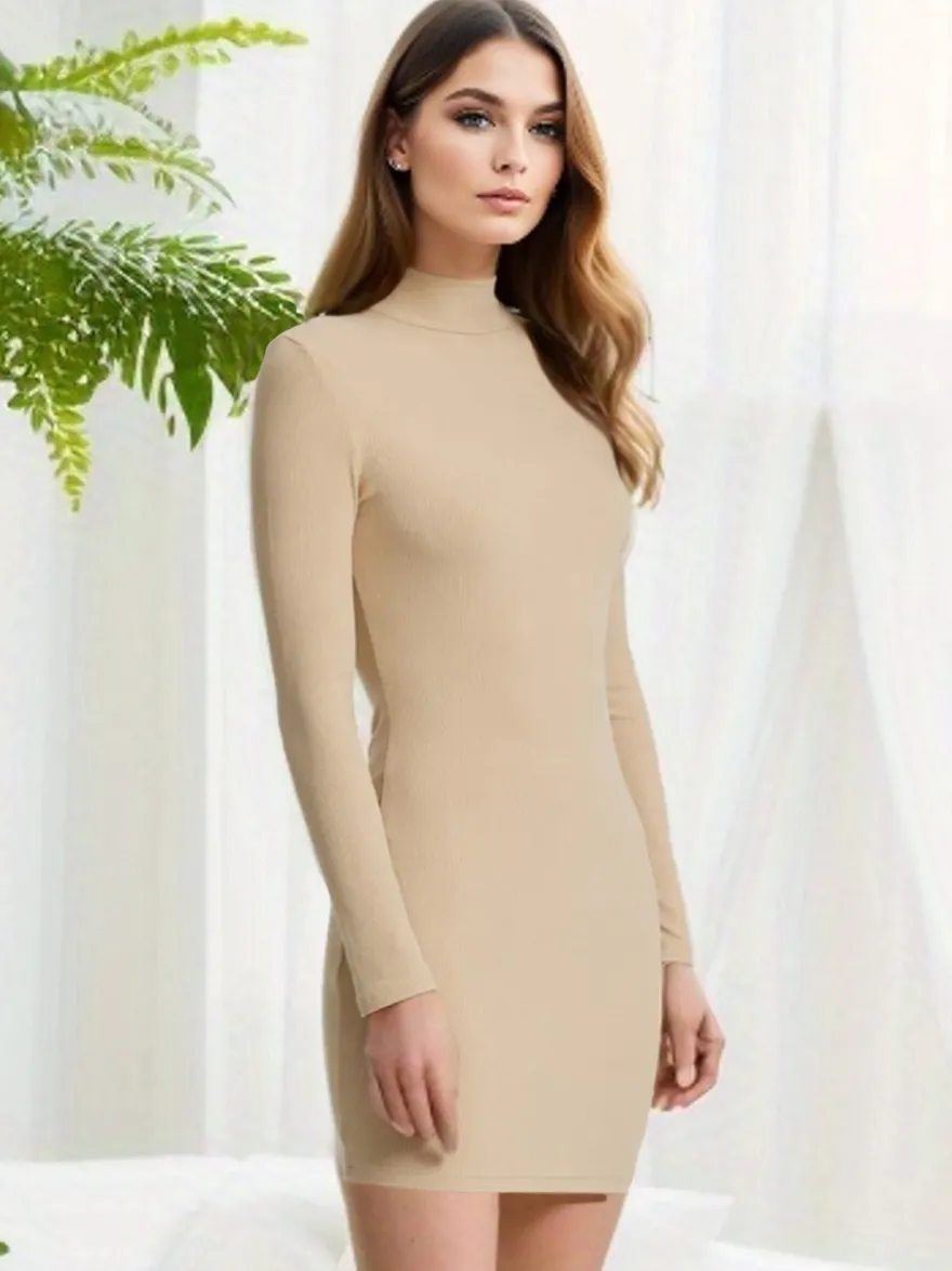 Robe moulante tricotée col montant manches longues gaine décontractée mini robes