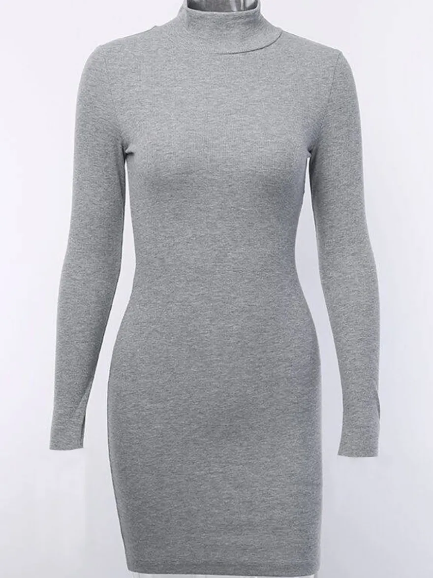 Robe moulante tricotée col montant manches longues gaine décontractée mini robes