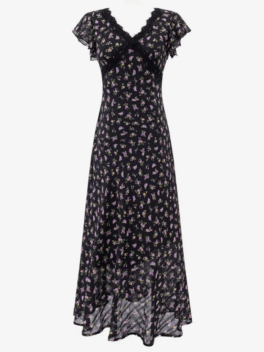 Robe noire de tous les jours en dentelle à manches courtes col montant et taille haute.
