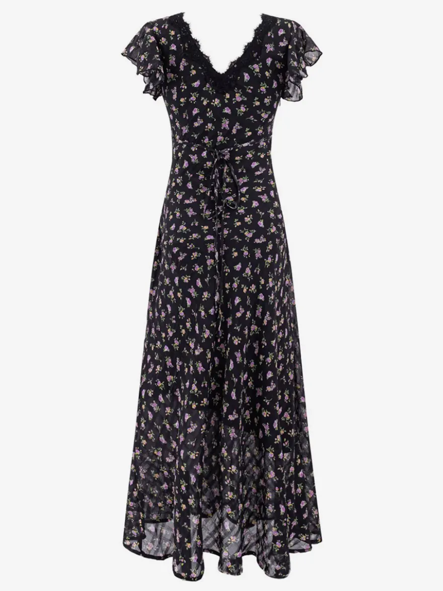 Robe noire de tous les jours en dentelle à manches courtes col montant et taille haute.