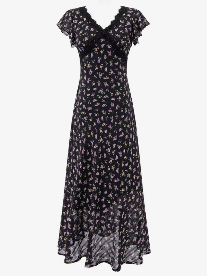 Robe noire de tous les jours en dentelle à manches courtes col montant et taille haute.