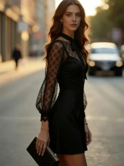 Robe noire élégante mini en dentelle à manches longues bouffantes et col rond idéale pour une soirée romantique.