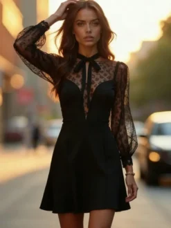 Robe noire élégante mini en dentelle à manches longues bouffantes et col rond idéale pour une soirée romantique.