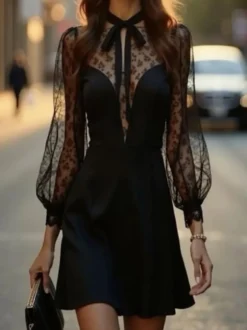 Robe noire élégante mini en dentelle à manches longues bouffantes et col rond idéale pour une soirée romantique.