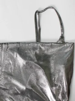Robe nuisette argentée à col bénitier métallisé pour femme - Robe asymétrique sexy argentée à dos découpé et fente midi - Soirée en boîte de nuit d'été 2026
