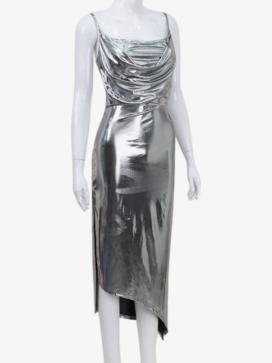 Robe nuisette argentée à col bénitier métallisé pour femme - Robe asymétrique sexy argentée à dos découpé et fente midi - Soirée en boîte de nuit d'été 2026