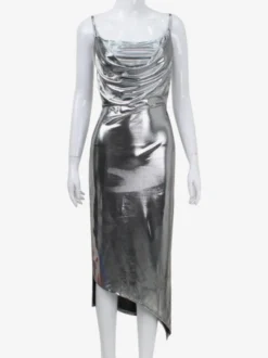 Robe nuisette argentée à col bénitier métallisé pour femme - Robe asymétrique sexy argentée à dos découpé et fente midi - Soirée en boîte de nuit d'été 2026
