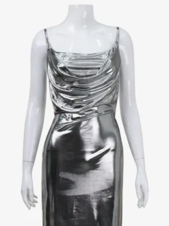 Robe nuisette argentée à col bénitier métallisé pour femme - Robe asymétrique sexy argentée à dos découpé et fente midi - Soirée en boîte de nuit d'été 2026