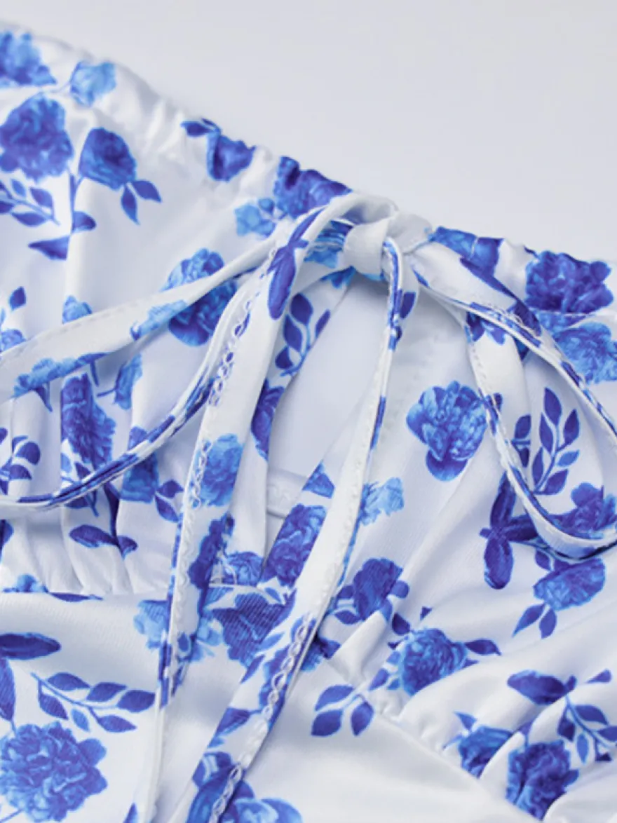 Robe nuisette bleue à fleurs style cottagecore pour femme - Robe longue moulante blanche à buste froncé - Été 2026
