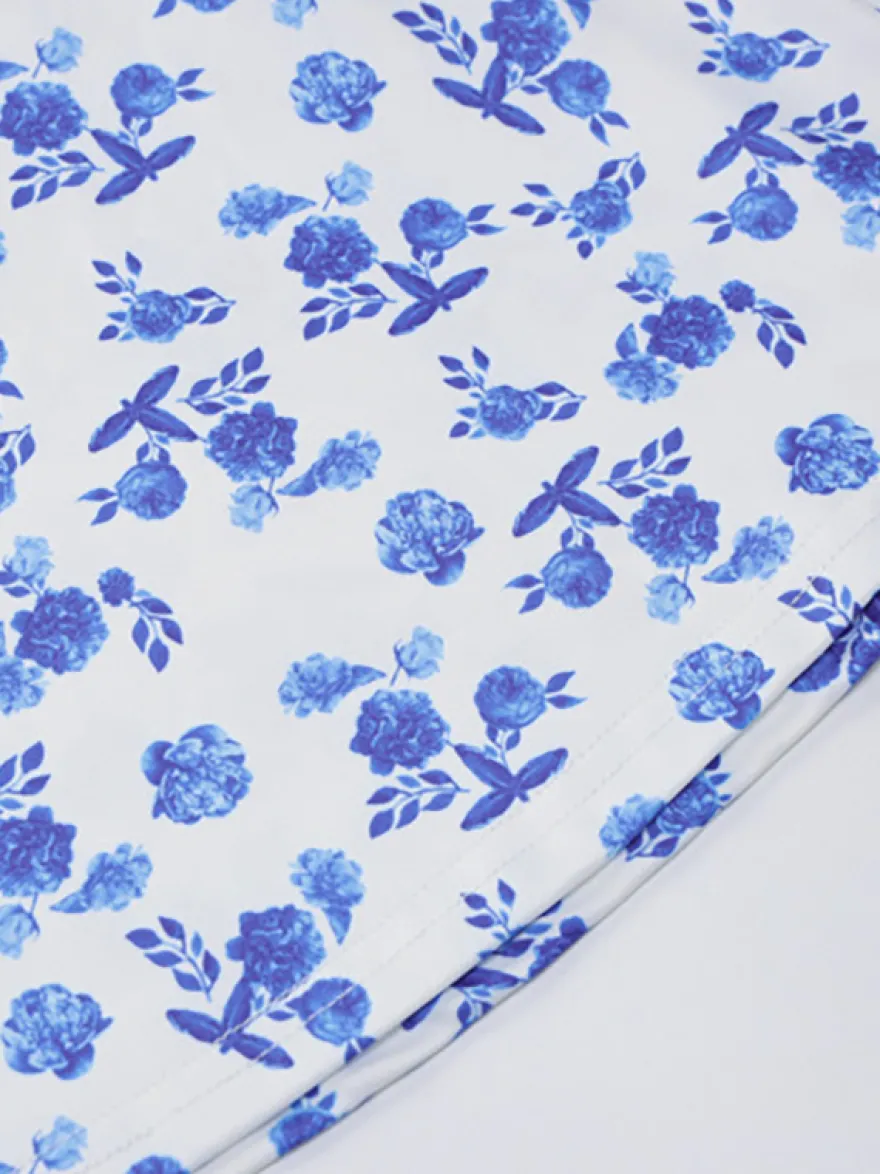 Robe nuisette bleue à fleurs style cottagecore pour femme - Robe longue moulante blanche à buste froncé - Été 2026