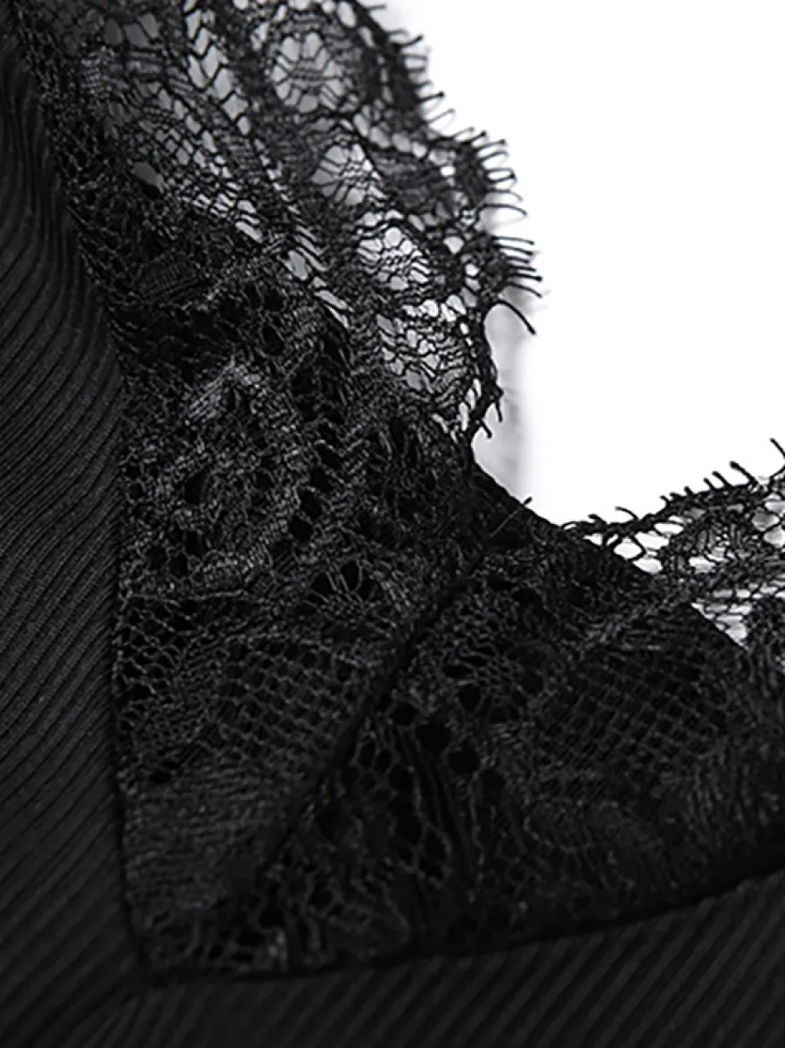 Robe nuisette à bordure en dentelle pour femme - Mini-robe d'été noire côtelée sans manches - Idéale pour les soirées d'été 2026