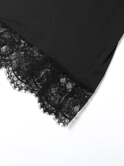 Robe nuisette à bordure en dentelle pour femme - Mini-robe d'été noire côtelée sans manches - Idéale pour les soirées d'été 2026