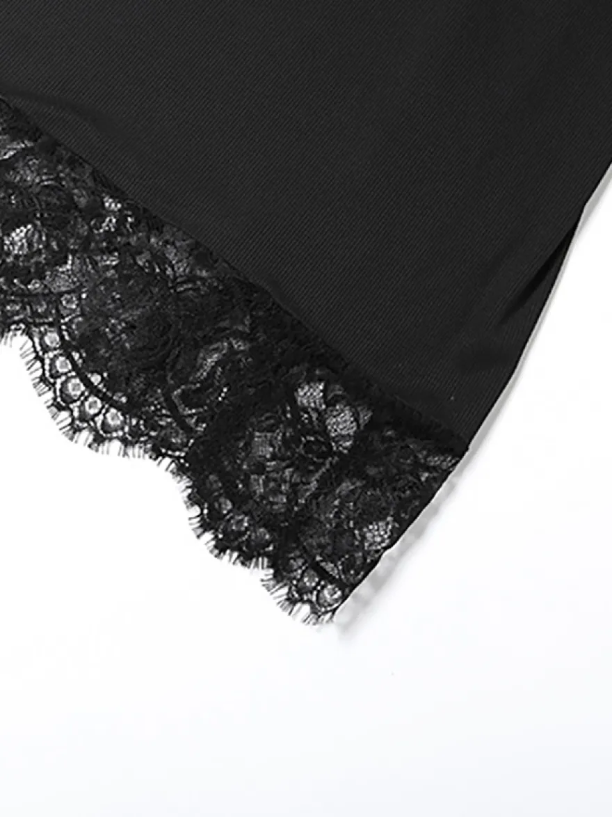 Robe nuisette à bordure en dentelle pour femme - Mini-robe d'été noire côtelée sans manches - Idéale pour les soirées d'été 2026
