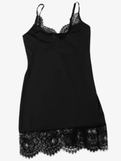 Robe nuisette à bordure en dentelle pour femme - Mini-robe d'été noire côtelée sans manches - Idéale pour les soirées d'été 2026