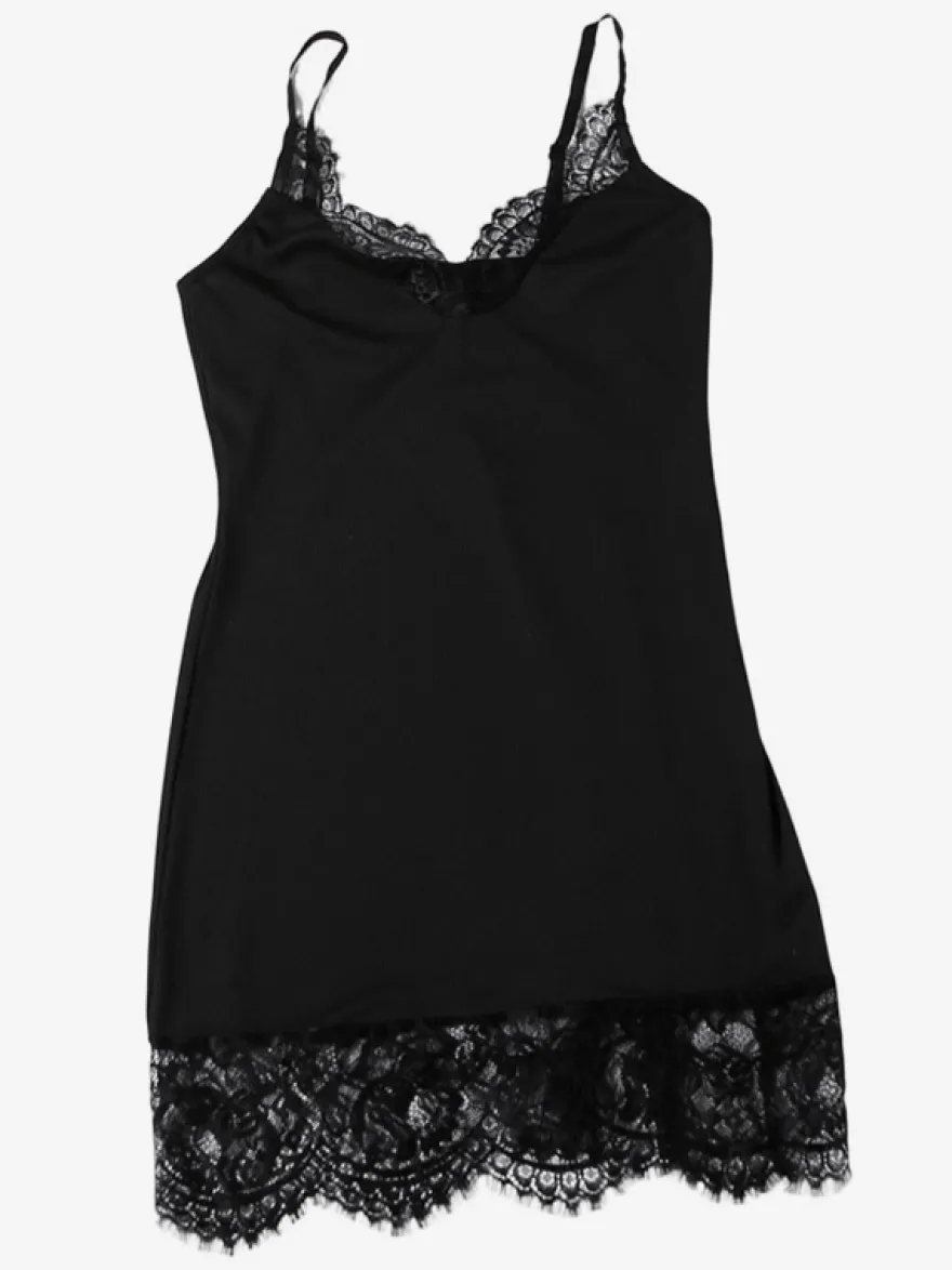 Robe nuisette à bordure en dentelle pour femme - Mini-robe d'été noire côtelée sans manches - Idéale pour les soirées d'été 2026