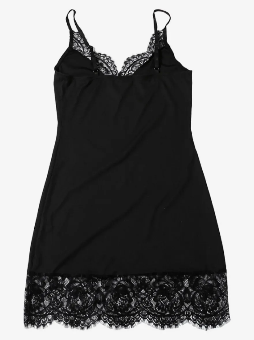 Robe nuisette à bordure en dentelle pour femme - Mini-robe d'été noire côtelée sans manches - Idéale pour les soirées d'été 2026