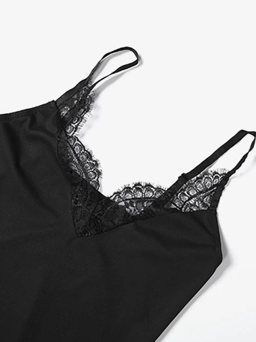 Robe nuisette à bordure en dentelle pour femme - Mini-robe d'été noire côtelée sans manches - Idéale pour les soirées d'été 2026