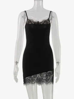 Robe nuisette à bordure en dentelle pour femme - Robe moulante mini noire sans manches style années 2000 - Tenue de soirée estivale 2026