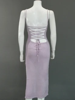 Robe nuisette dos nu en maille pour femme - Robe moulante midi côtelée à lacets et fente latérale - Vacances d'été à la plage 2026