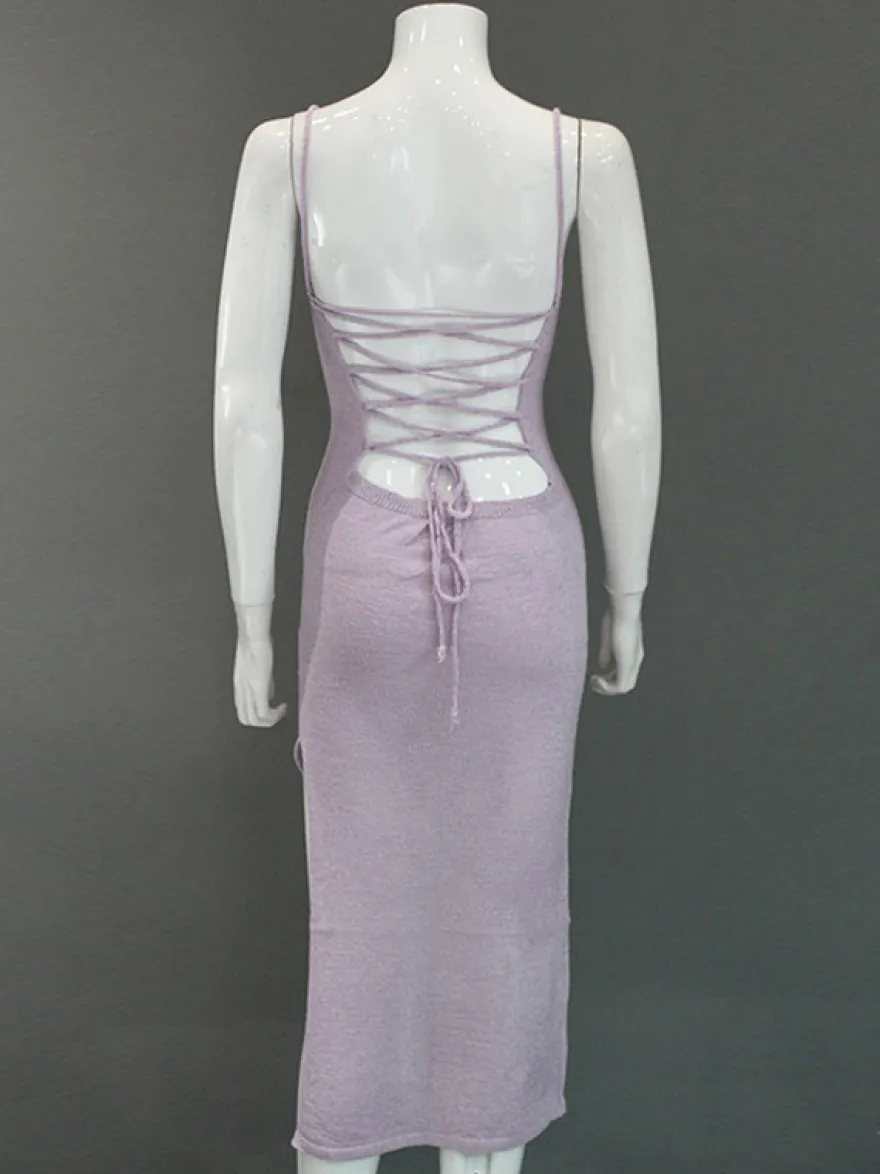 Robe nuisette dos nu en maille pour femme - Robe moulante midi côtelée à lacets et fente latérale - Vacances d'été à la plage 2026