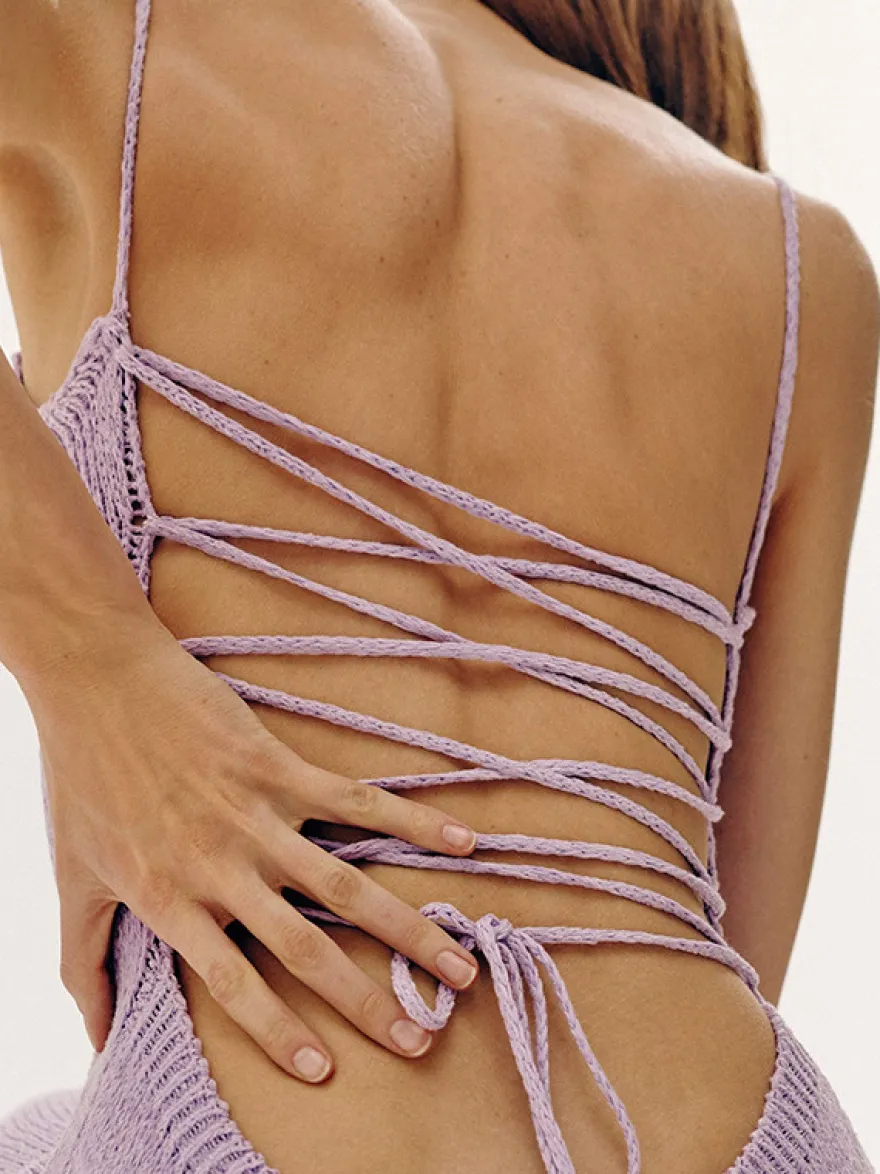 Robe nuisette dos nu en maille pour femme - Robe moulante midi côtelée à lacets et fente latérale - Vacances d'été à la plage 2026