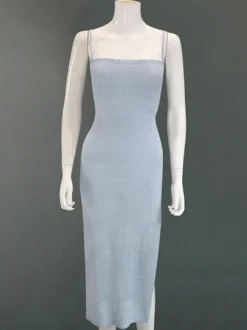 Robe nuisette dos nu en maille pour femme - Robe moulante midi côtelée à lacets et fente latérale - Vacances d'été à la plage 2026