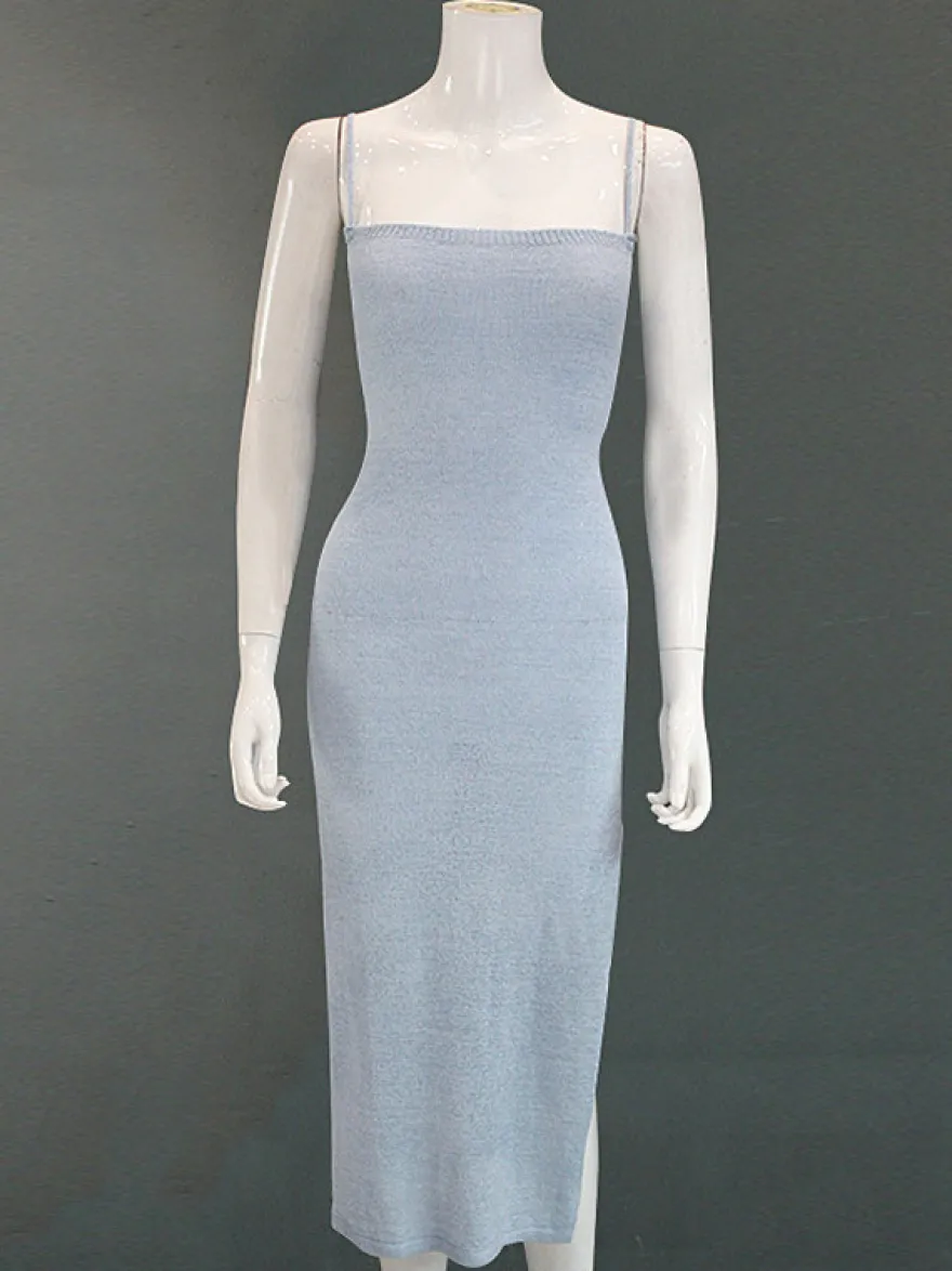 Robe nuisette dos nu en maille pour femme - Robe moulante midi côtelée à lacets et fente latérale - Vacances d'été à la plage 2026