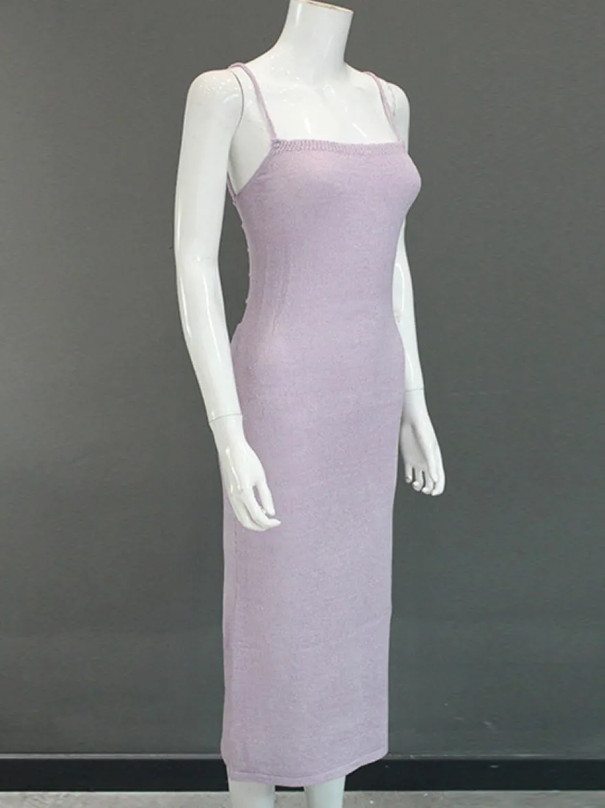 Robe nuisette dos nu en maille pour femme - Robe moulante midi côtelée à lacets et fente latérale - Vacances d'été à la plage 2026
