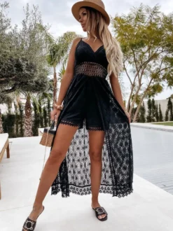 Robe nuisette longue bohème en dentelle pour femme - Combinaison-short ouverte sur le devant et col en V - Vacances d'été à la plage 2026