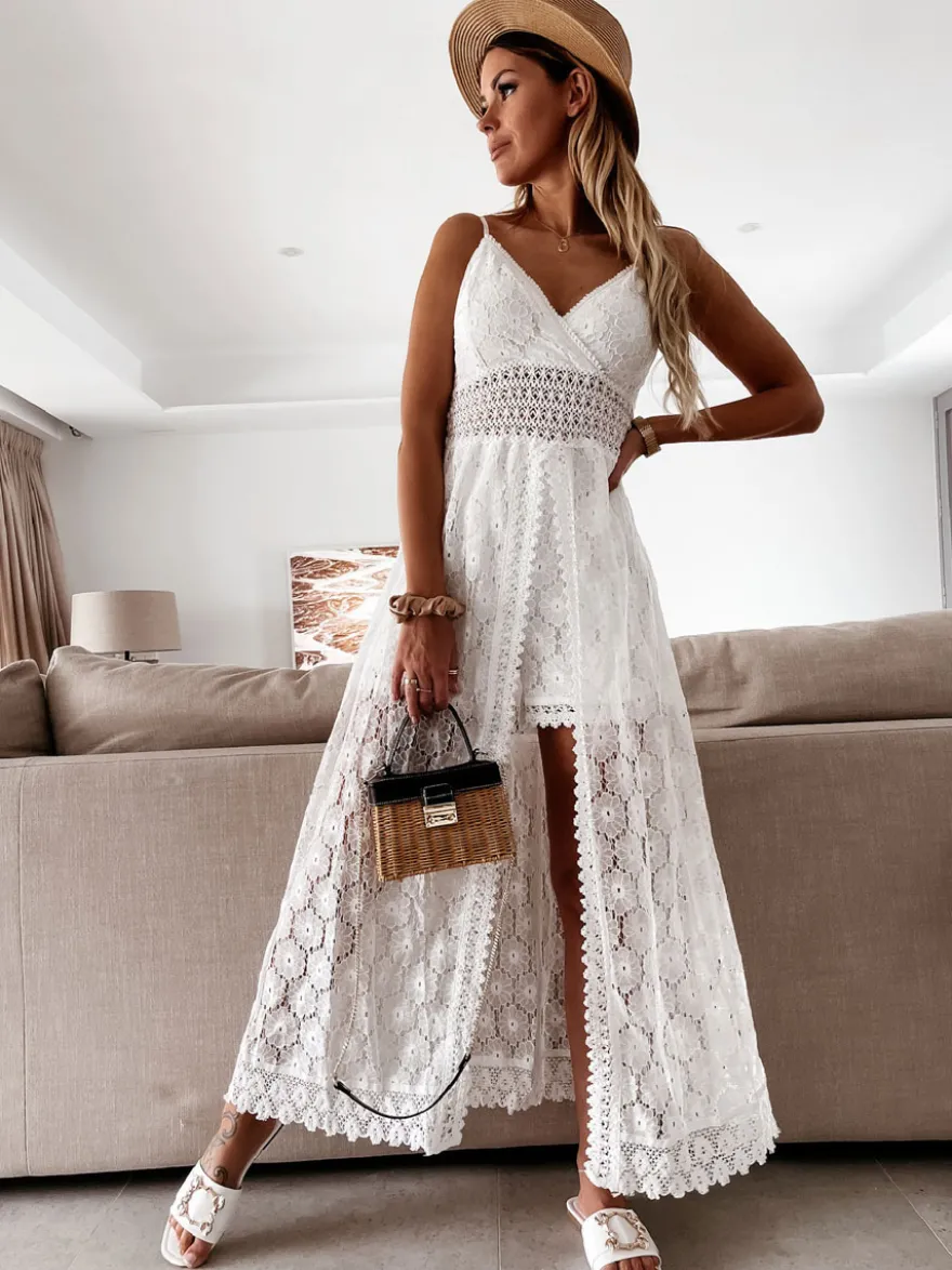 Robe nuisette longue bohème en dentelle pour femme - Combinaison-short ouverte sur le devant et col en V - Vacances d'été à la plage 2026
