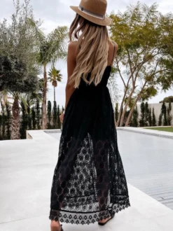 Robe nuisette longue bohème en dentelle pour femme - Combinaison-short ouverte sur le devant et col en V - Vacances d'été à la plage 2026