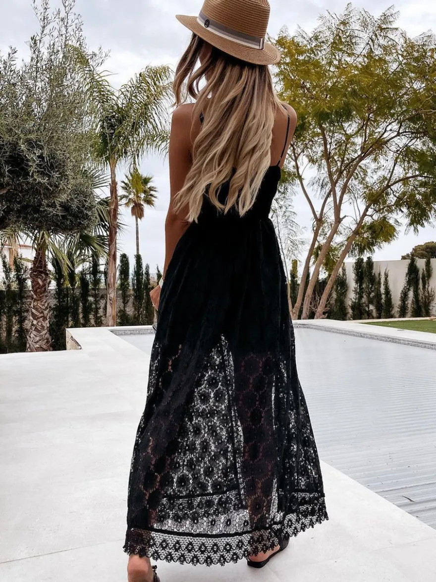 Robe nuisette longue bohème en dentelle pour femme - Combinaison-short ouverte sur le devant et col en V - Vacances d'été à la plage 2026