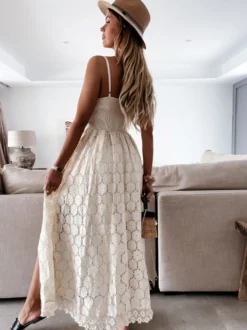 Robe nuisette longue bohème en dentelle pour femme - Combinaison-short ouverte sur le devant et col en V - Vacances d'été à la plage 2026