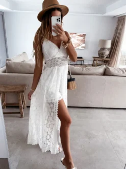 Robe nuisette longue bohème en dentelle pour femme - Combinaison-short ouverte sur le devant et col en V - Vacances d'été à la plage 2026